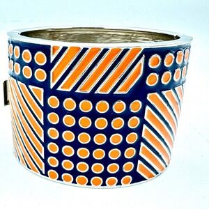 Banana Republic Navy Orange Enamel Geometric Hinged Wide Cuff Bracelet Statement
